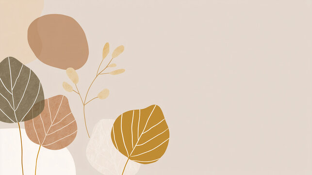 Abstract leaf art with freeform leaf contours drifting on foggy warm beige background, featuring soft earthy tones and delicate botanical shapes creating calm and natural atmosphere