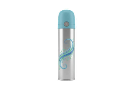 Sleek silver aerosol can with abstract blue wave design and blue cap - Powered by Adobe