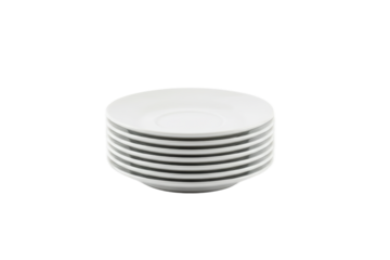 Stack of elegantly striped white ceramic saucers ready for service