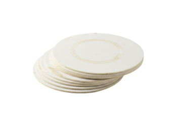 Stack of Round White Cardboard Drink Coasters with Subtle Gold Rim Detail