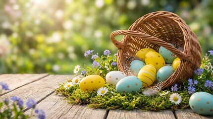 Wicker basket with spilled colorful painted easter eggs on green moss and grass with spring flowers,beautiful nature background for holiday celebration and greeting card