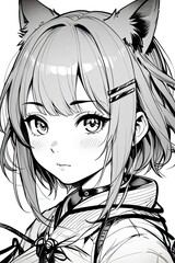 Coloring picture of a young woman black and white line drawing anime.