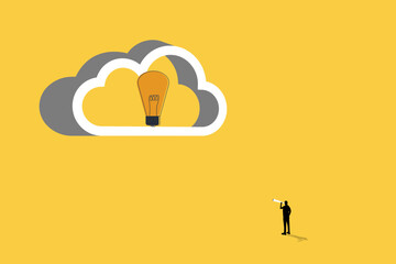 Business vision, creativity and new ideas vector illustration concept. Businessman standing front of lightbulb with telescope © Aan