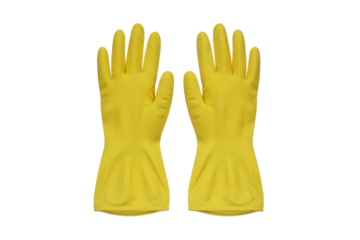Two Yellow Rubber Gloves Displayed on a Saturated Yellow Surface Demonstrating Cleanliness