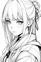 Coloring picture of a young woman black and white line drawing anime.