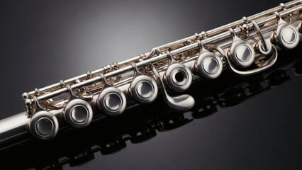 A detailed close-up shot of a shining silver concert flute.