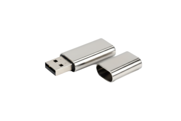 USB flash drive with cap open on a reflective surface, close-up shot, details revealed