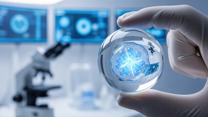 Advanced Scientific Research: Hand Holding Transparent Sphere with Blue Light in Laboratory with Microscopes