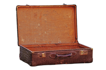 An open vintage leather suitcase with worn texture and fabric lining, isolated on transparent background, symbolizing travel, nostalgia, storage, luggage history, and journeys worldwide adventures.
