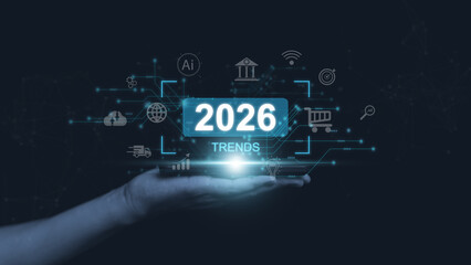 Futuristic 2026 trends concept with glowing digital interface hovering above open human hand, showing technology icons, data connections, innovation for business, finance, digital transformation.