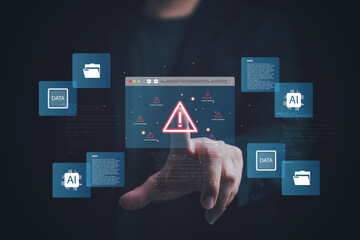 Cybersecurity warning concept with human hand touching digital alert icon on virtual interface, showing data files, AI systems, network panels risk management, system security and data protection.