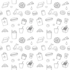 Food Delivery Seamless Pattern in Line Art Style