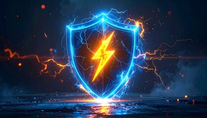 Glowing blue shield with orange lightning bolt, surrounded by electric sparks and energy arcs on dark background.
