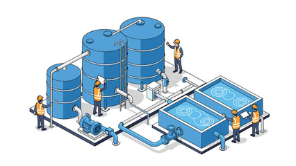 Isometric illustration of a modern water treatment plant, featuring large tanks, pipes, and machinery, with workers actively monitoring and maintaining the complex purification process.