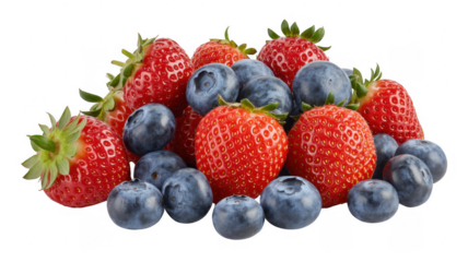 Pile of strawberries and blueberries fruit heap isolated on a transparent background