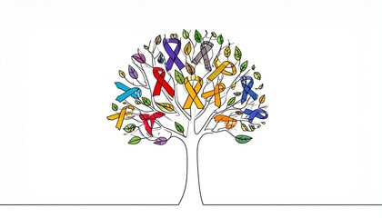 Tree-shaped brain with multicolored awareness ribbons among branches and leaves, symbolizing health and knowledge.