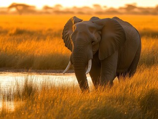 African elephant walking by a small savannah waterhole at dusk. Orange sunlight reflecting on water, soft wind shaping the tall grass. Peaceful, documentary-style wildlife composition.