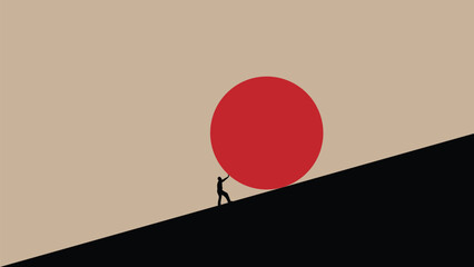 Strong Motivated Business Man Pushing a Boulder Uphill Silhouette. People and activities, white collar work vector art