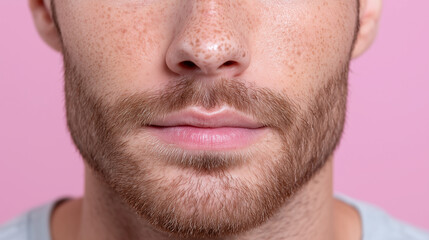 Obraz premium Freckles across male nose bridge in macro detail with well groomed beard and soft pink lips against pastel pink background, showing natural skin texture and facial hair