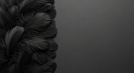 Black feather texture on dark gray background, showcasing elegance and mystery, ideal for design projects needing a sophisticated touch, free space for text