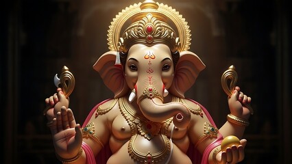 Ornate 3 D Rendered Hindu God Ganesha with Gold Jewelry and Red Cloth