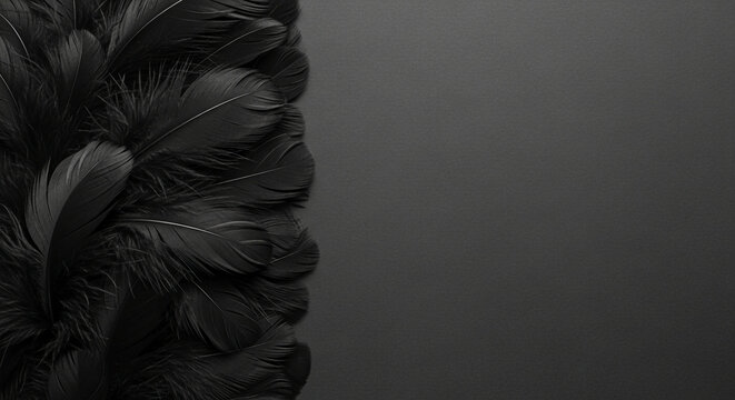 Black feather texture on dark gray background, showcasing elegance and mystery, ideal for design projects needing a sophisticated touch, free space for text