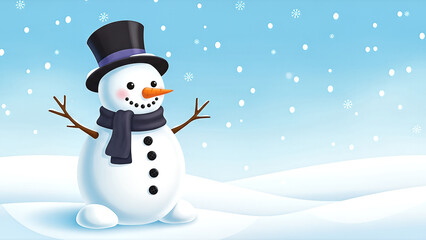 Cheerful cartoon snowman with top hat and scarf in snowy landscape.