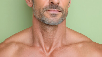 Obraz premium Fresh cooled male skin with slightly tightened texture and natural beard stubble on neck and shoulder area, showing healthy and smooth skin tone with subtle wrinkles and pores