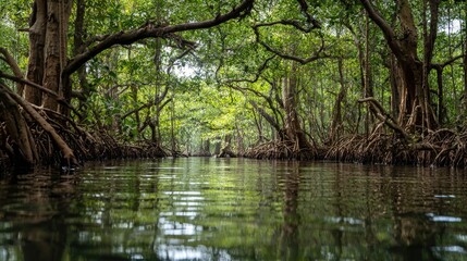 Dense mangrove forest with roots submerged in shallow tidal waters on World Wetlands Day