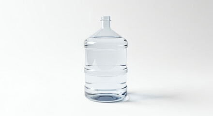Clear, large, cylindrical water container, full, with a narrow neck, casting a light shadow on white background