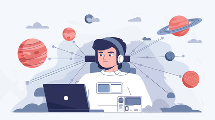 Person wearing headphones connected to planets and a laptop space © srdesignhouse