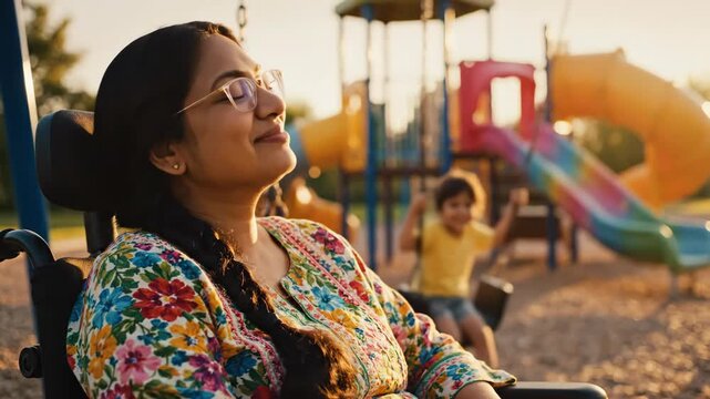 happy indian woman in wheelchair watching child play on playground swing. disabled mother outdoors in park during sunset. inclusive lifestyle concept. family leisure time.