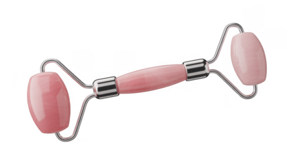 Rose quartz facial roller pink stone skincare tool isolated on a transparent background