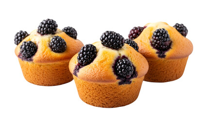 Three blackberry muffins on black background baked goods