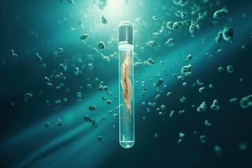 Test tube holding a biology sample with microorganisms and research particles in an aquatic environment