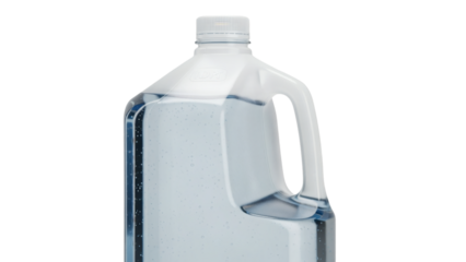 Close-up of a large plastic container filled with clear liquid, revealing internal bubbles. A white cap is secured on top