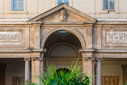 Vatican - Vatican City - Vatican Museums - Architectural detail of Octagonal Courtyard portico with arch and pediment