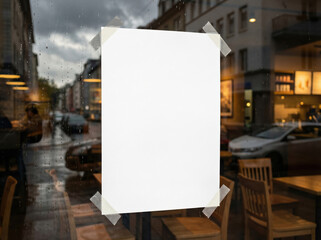 Urban Storefront Poster Mockup , Rainy Window Glass Display Mock up , Taped Paper Flyer Template, Realistic Street Advertising , A3 A4 A5