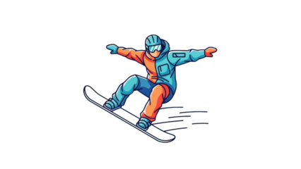 Cartoon snowboarder in mid-air wearing orange and blue winter clothing snowboarding sport