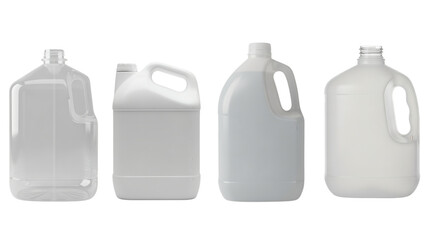 Four plastic gallon containers, three white and one transparent, each with a handle, against a black background