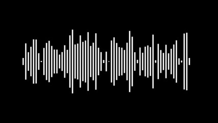 abstract audio wave visualization on black background. white audio waveform with alpha channel on transparent background. Clean studio sound wave frequency display, seamless loop.