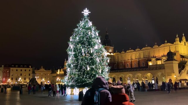 A Christmas tree near the church on the main square of sukiennice, Poland. Krakow. 