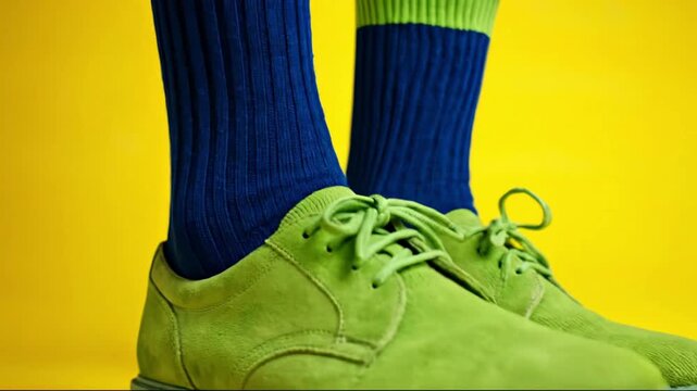 Close up of person wearing bright green suede shoes and blue ribbed socks walking on vibrant yellow background