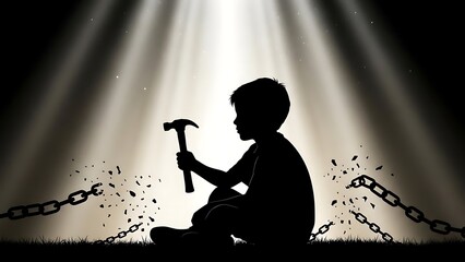 Silhouette of a child breaking chains with a hammer under a spotlight, symbolizing freedom, hope, and overcoming adversity