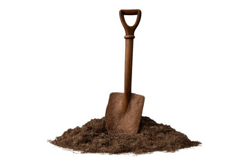 Shovel standing in a pile of soil, ready for gardening, planting, digging, and landscaping activities