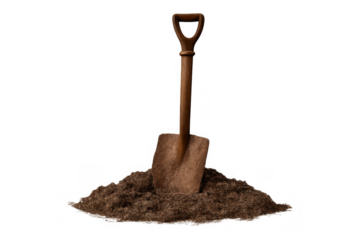 Shovel standing in a pile of soil, ready for gardening, planting, digging, and landscaping activities