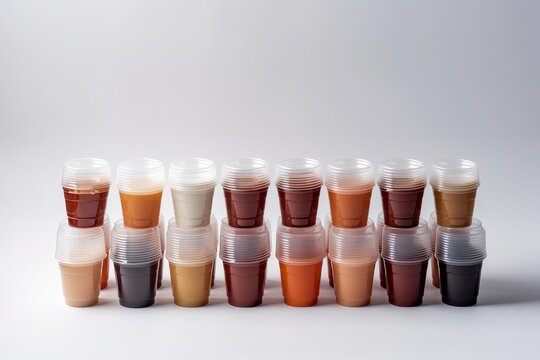 Groups of portion cups with various sauces stacked on a plain background