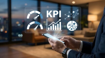 Businessman using smartphone with glowing KPI hologram overlay,key performance indicator gauges and charts,business management and strategy analysis,digital metrics visualization in office