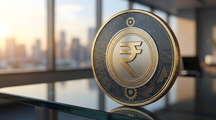 Golden digital rupee coin with circuit board pattern on blurry city background,indian central bank digital currency concept,virtual money and electronic finance,crypto financial future symbol
