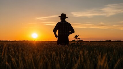 Silhouetted Male Farmer at Sunset in Wheat Field, Agricultural Landscape with Golden Sky and Tall Grass